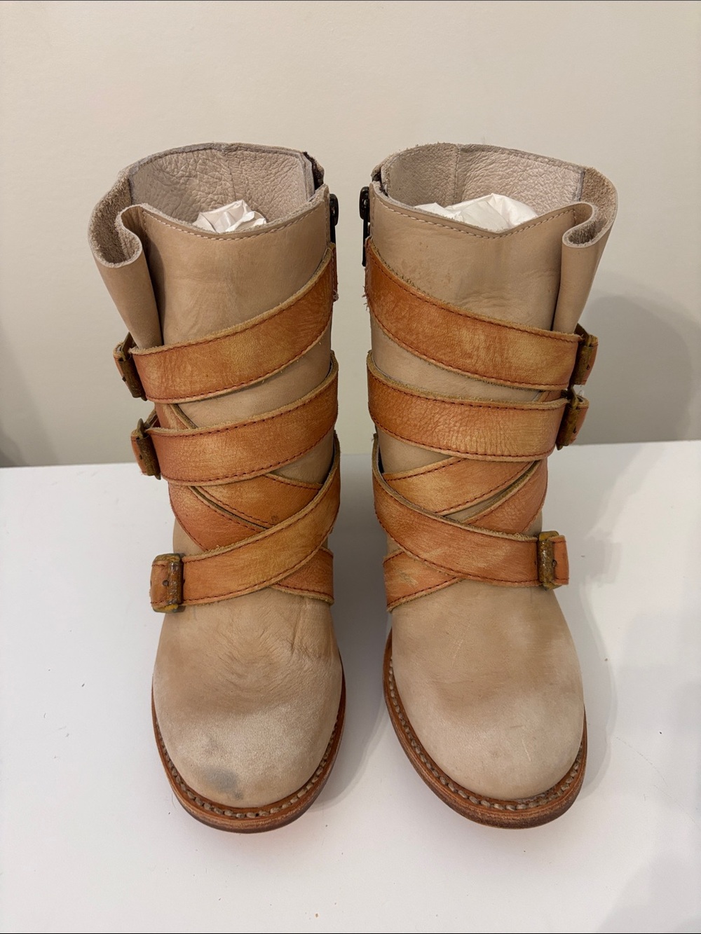 Freebird by Steven Beige Leather Ankle Boots with Tan Wrap Straps
